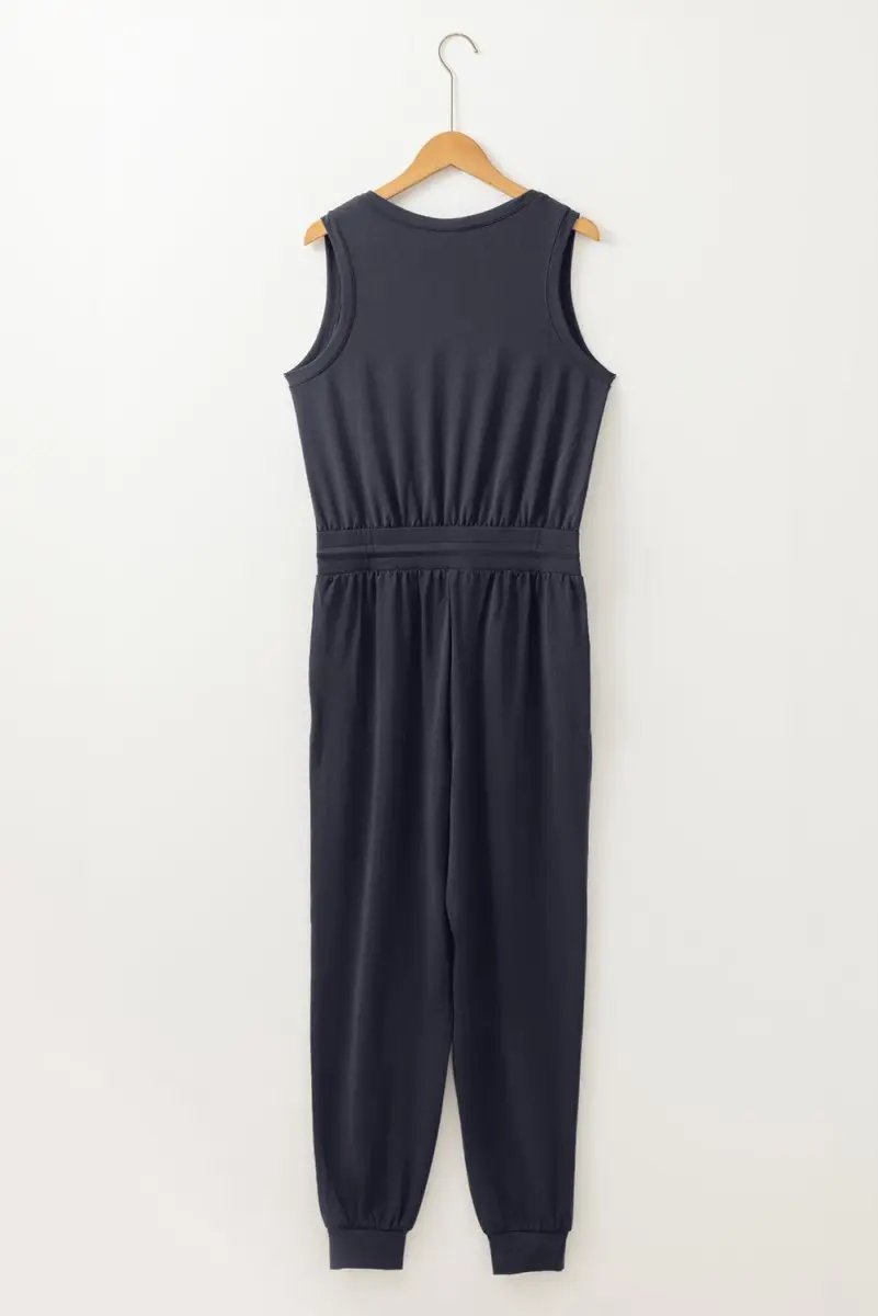 Black Casual Tank Style Tie Waist Pocketed Jogger Jumpsuit for Women - Love Salve